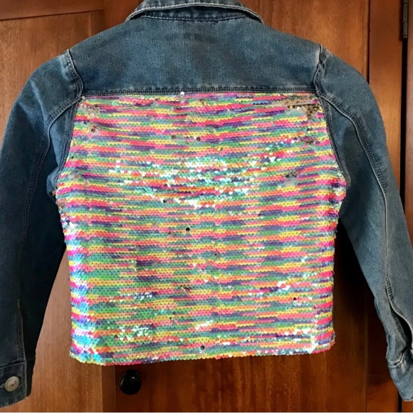 Poured In Blue Kids Rainbow Lines Sequence Denim Jacket Sz10 NWOT Flip sequin - Picture 1 of 5